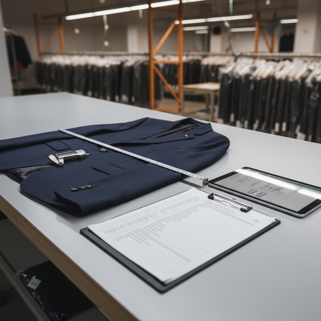 A photographic, close-up scene of quality control in an apparel OEM facility, without showing any people. On a smooth inspection table lies a finished navy blazer, perfectly aligned, with a stainless-steel measuring tape stretched across its chest and a digital caliper placed near a button. Nearby, a checklist clipboard and a tablet showing a technical spec sheet rest neatly, both angled for easy reading but without visible text. Overhead neutral lighting casts soft, shadowless illumination that reveals the fine weave of the fabric and precision of stitching. The camera is positioned at a low, three-quarter angle, focusing sharply on the garment and tools while the background—rows of hanging inspected garments and organized shelving—gently blurs, communicating reliability, consistency, and rigorous B2B quality standards.