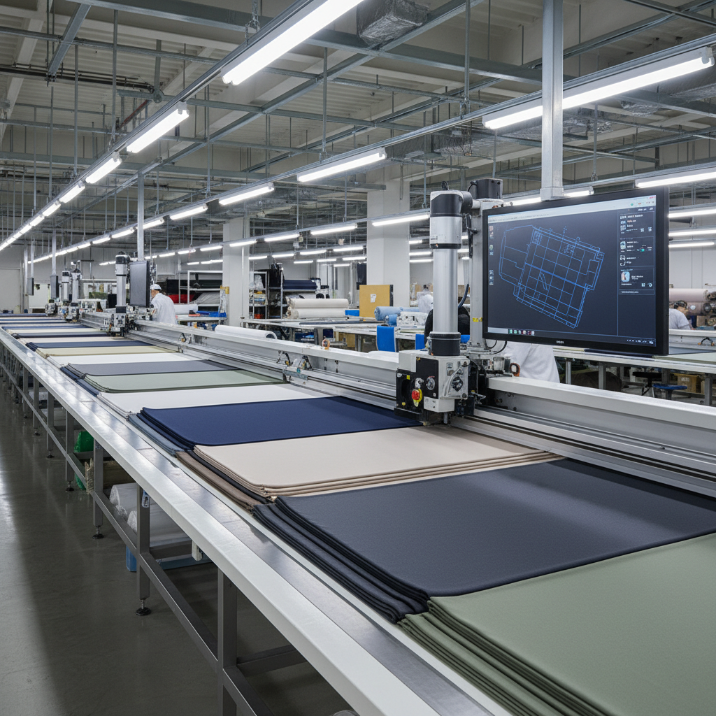A modern Tokyo apparel OEM production floor photographed in realistic detail, focusing on an automated fabric cutting area. A long, spotless cutting table holds layered rolls of fabric in calm, corporate-friendly colors like navy, gray, and beige, tightly smoothed and ready for processing. At one end, a computer-controlled cutting machine with a sleek steel arm hovers just above the material, following a digital layout visible on an adjacent screen. Overhead fluorescent lighting casts bright, even illumination, highlighting the precision of the cuts and the clean environment. Captured from a slightly elevated diagonal angle with deep depth of field, the composition shows additional machinery and neatly stored fabric rolls in the background, conveying scale, efficiency, and advanced manufacturing capability.