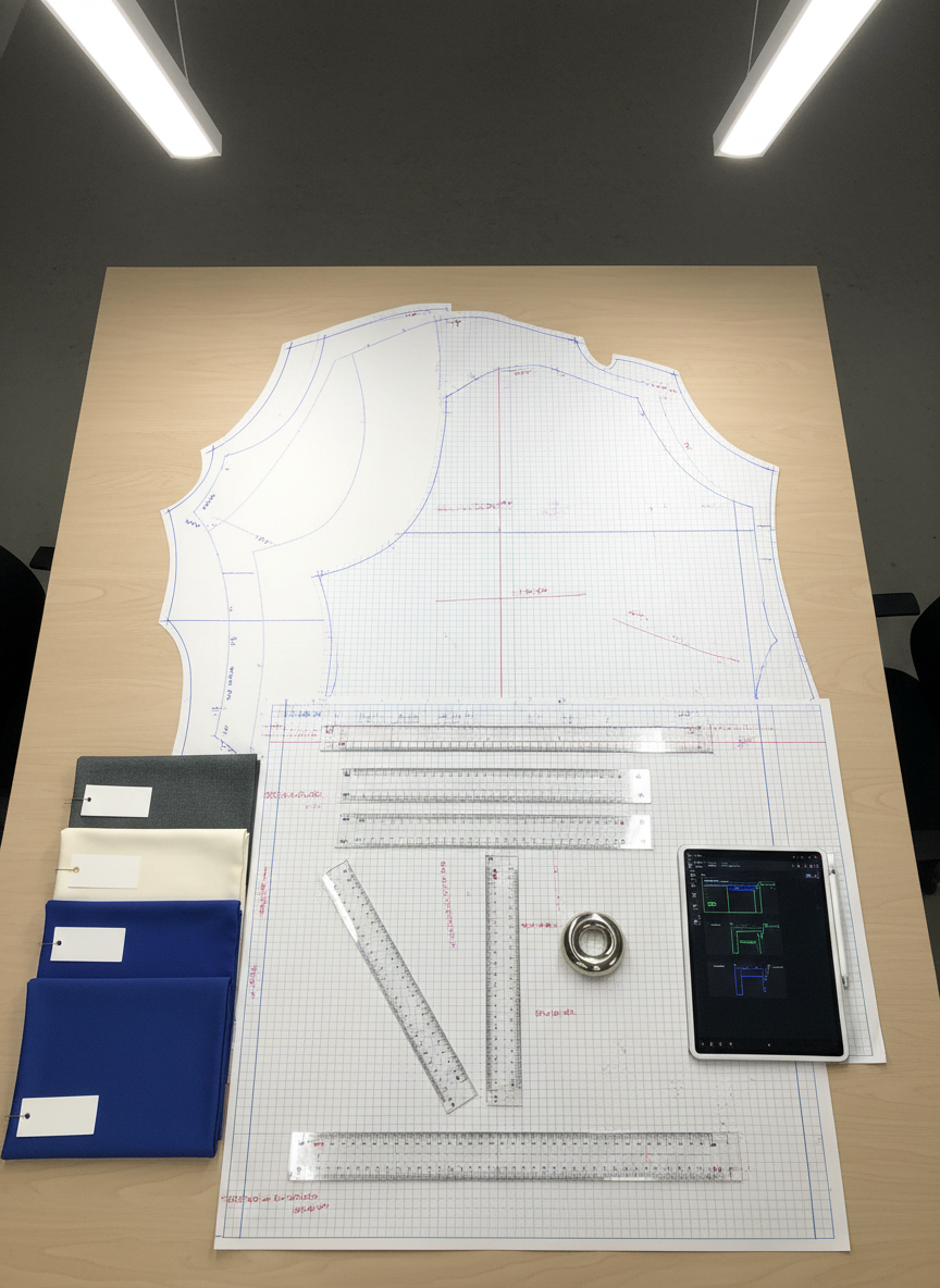 A precise, overhead photographic view of an apparel patternmaking station in an OEM production office. On a large, pale wood drafting table lie oversized paper patterns for a tailored jacket, marked with fine grid lines and measurement notes, alongside transparent rulers, a metal pattern weight, and a digital tablet displaying a CAD pattern interface. To one side, neatly stacked fabric swatches in various textures—smooth suiting wool, crisp cotton, technical stretch fabric—are labeled with small, blank tags. Bright, neutral-toned office lighting provides clear visibility without harsh shadows, emphasizing accuracy and technical detail. The composition is flat-lay style with sharp focus edge to edge, giving a meticulous, methodical, and highly professional impression ideal for B2B partners.