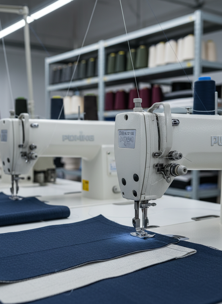 A close-up, photographic view of industrial sewing machines in an OEM apparel factory, their metallic surfaces clean and well-maintained. Several machines are threaded with white and navy threads, with partially stitched woven fabric pieces aligned precisely under the presser feet. Behind them, shelves hold neatly stacked cones of thread in muted, professional colors and folded bolts of fabric. Cool, even overhead LED lighting illuminates the machines, creating crisp highlights along metal edges and clear shadows between components. Captured at eye level with a shallow depth of field, the foreground machine is in sharp focus while the background gradually blurs, conveying advanced, reliable production capabilities in a serious, business-focused setting.