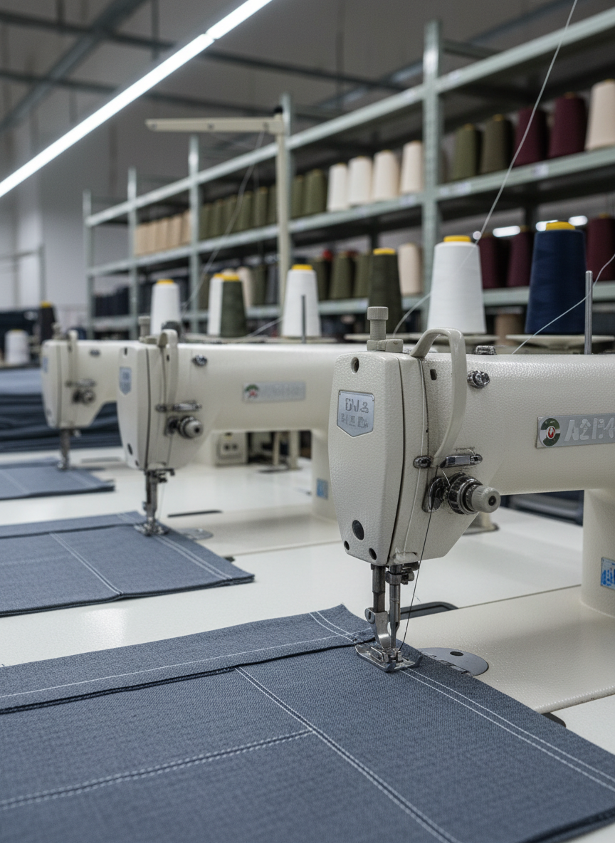 A close-up, photographic view of industrial sewing machines in an OEM apparel factory, their metallic surfaces clean and well-maintained. Several machines are threaded with white and navy threads, with partially stitched woven fabric pieces aligned precisely under the presser feet. Behind them, shelves hold neatly stacked cones of thread in muted, professional colors and folded bolts of fabric. Cool, even overhead LED lighting illuminates the machines, creating crisp highlights along metal edges and clear shadows between components. Captured at eye level with a shallow depth of field, the foreground machine is in sharp focus while the background gradually blurs, conveying advanced, reliable production capabilities in a serious, business-focused setting.
