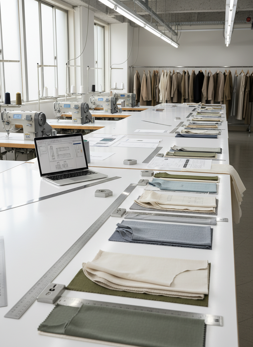 A clean, well-organized apparel OEM design and production workspace in Tokyo, captured in photographic realism. Long white tables are covered with neatly arranged fabric swatches, detailed paper patterns weighted with metal rulers, and an open laptop displaying technical garment drawings. In the background, rows of industrial sewing machines and neatly hanging sample garments in neutral tones line the walls. Soft, diffused daylight enters from large factory windows, creating gentle reflections on the smooth table surfaces and subtle shadows beneath tools. Shot from a slightly elevated eye-level angle with sharp focus throughout, the composition emphasizes efficiency, precision, and a professional B2B environment, with a calm, modern, and trustworthy atmosphere.